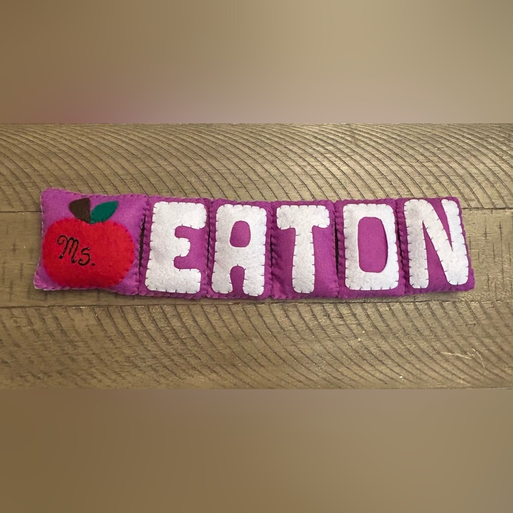 Custom Name Pillow, 5 letters, 1 apple accent, felt, fabric paint, polyfill